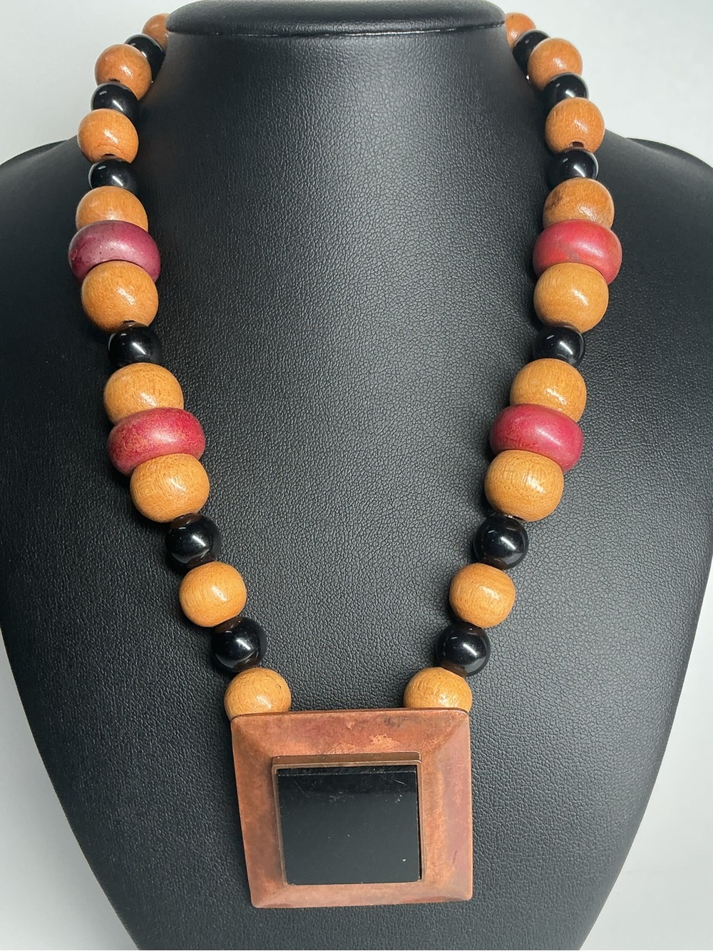 Handcrafted Multicolor Wood Bead Necklace with Black Pendant